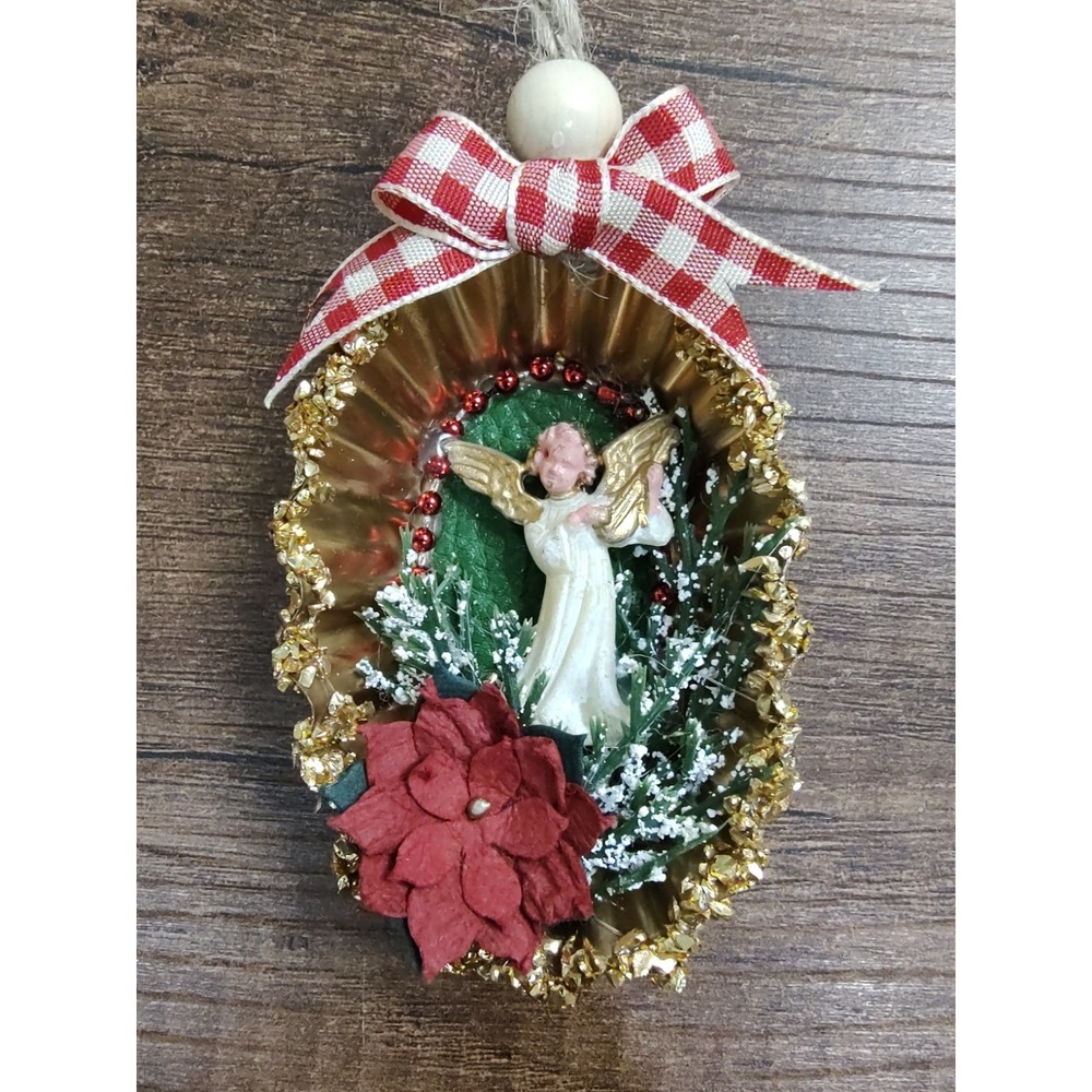 Angel Christmas Ornament Handmade Vtg Style OOAK Tart Tin Diorama Poinsettia O1